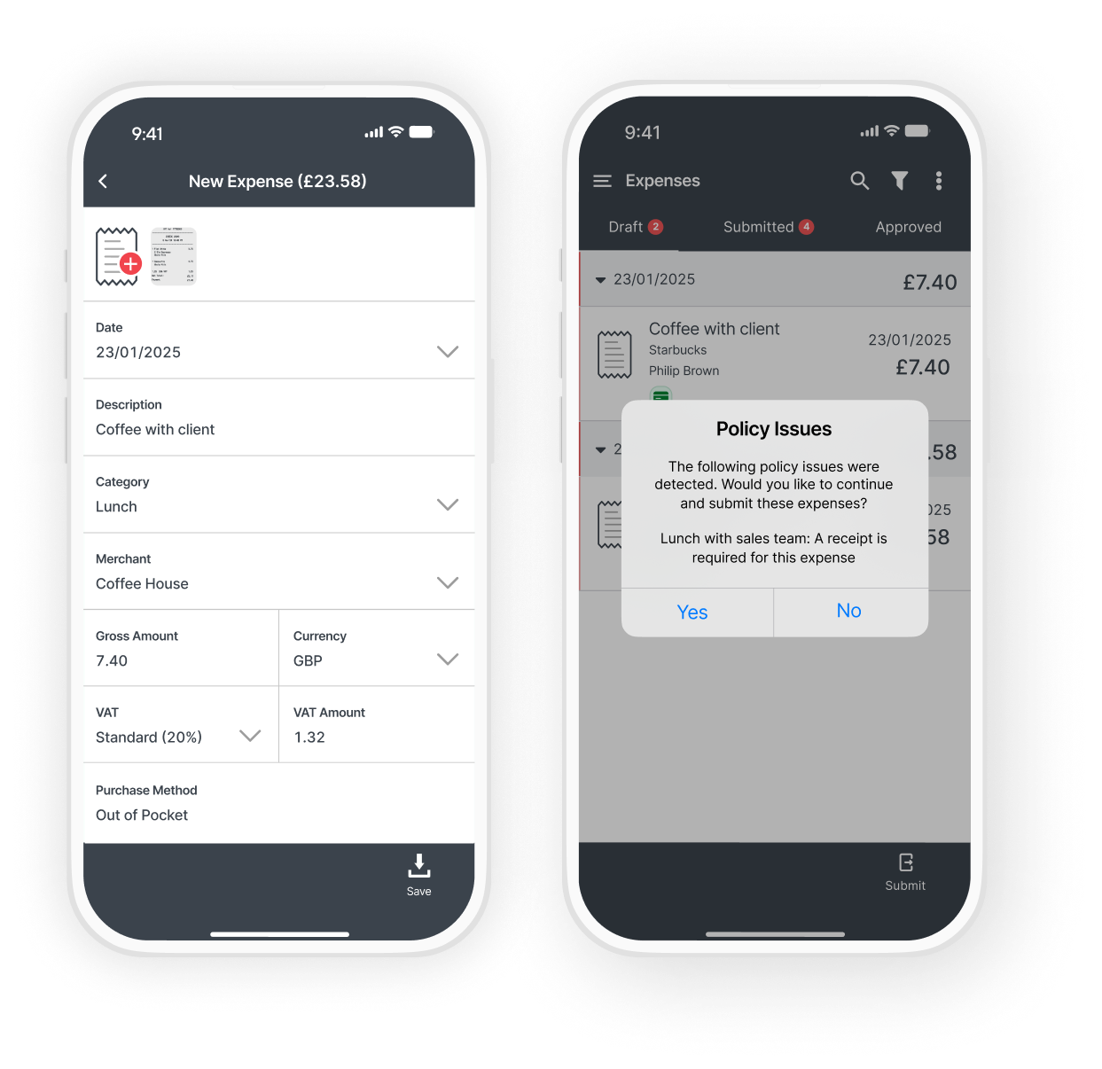 Two smartphone screens showing an expense reporting app. Left screen: details of a new expense. Right screen: policy issue notification.