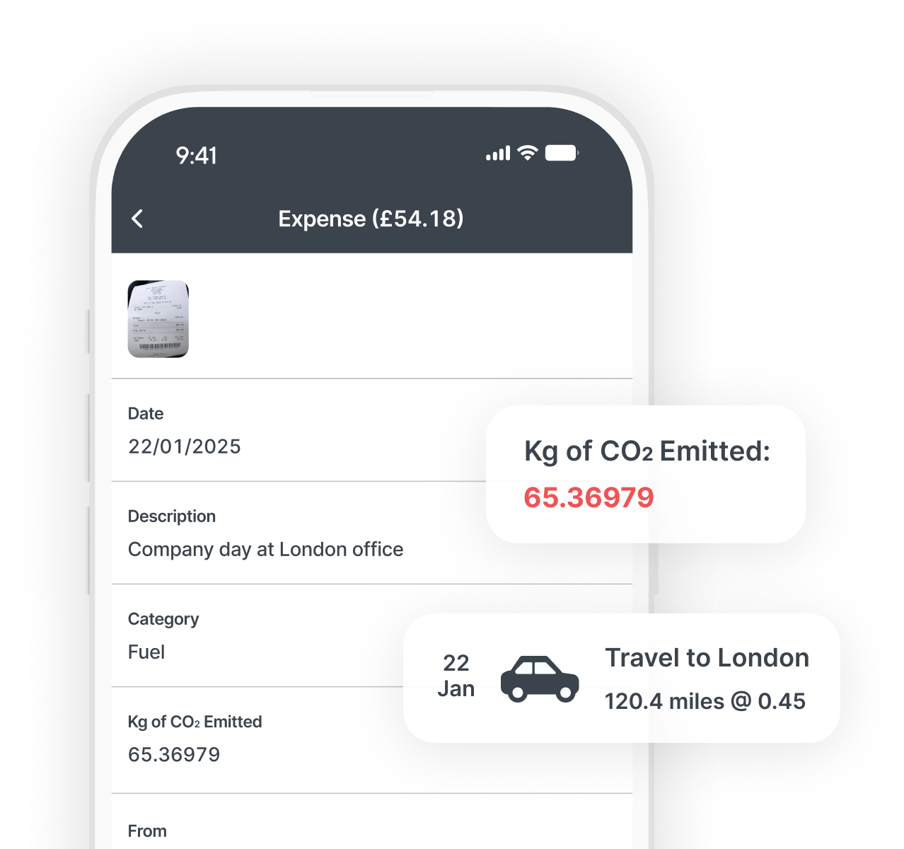 Mobile screen displaying an expense of £54.18 for a company day in London, showing CO2 emissions of 65.36979 kg for fuel and travel details.