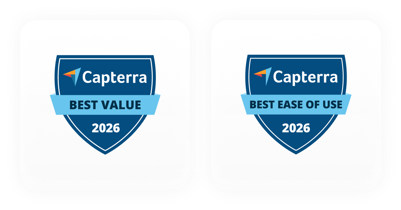 Two blue badges displaying "Capterra Best Value 2026" and "Capterra Best Ease of Use 2026" with a laurel symbol.