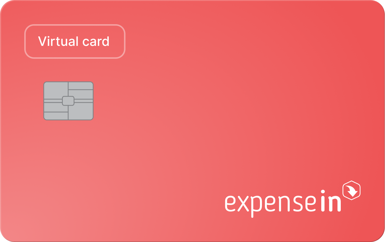 Red virtual card with a chip icon and "expensein" logo, featuring the label "Virtual card" in a light box.