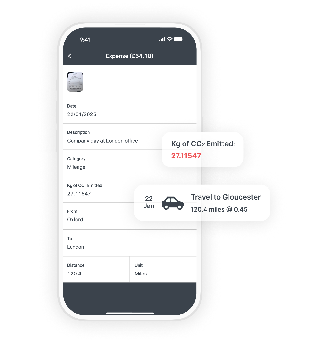 Mobile app screen displaying an expense report for a company day in London, showing CO2 emissions and travel details from Oxford.