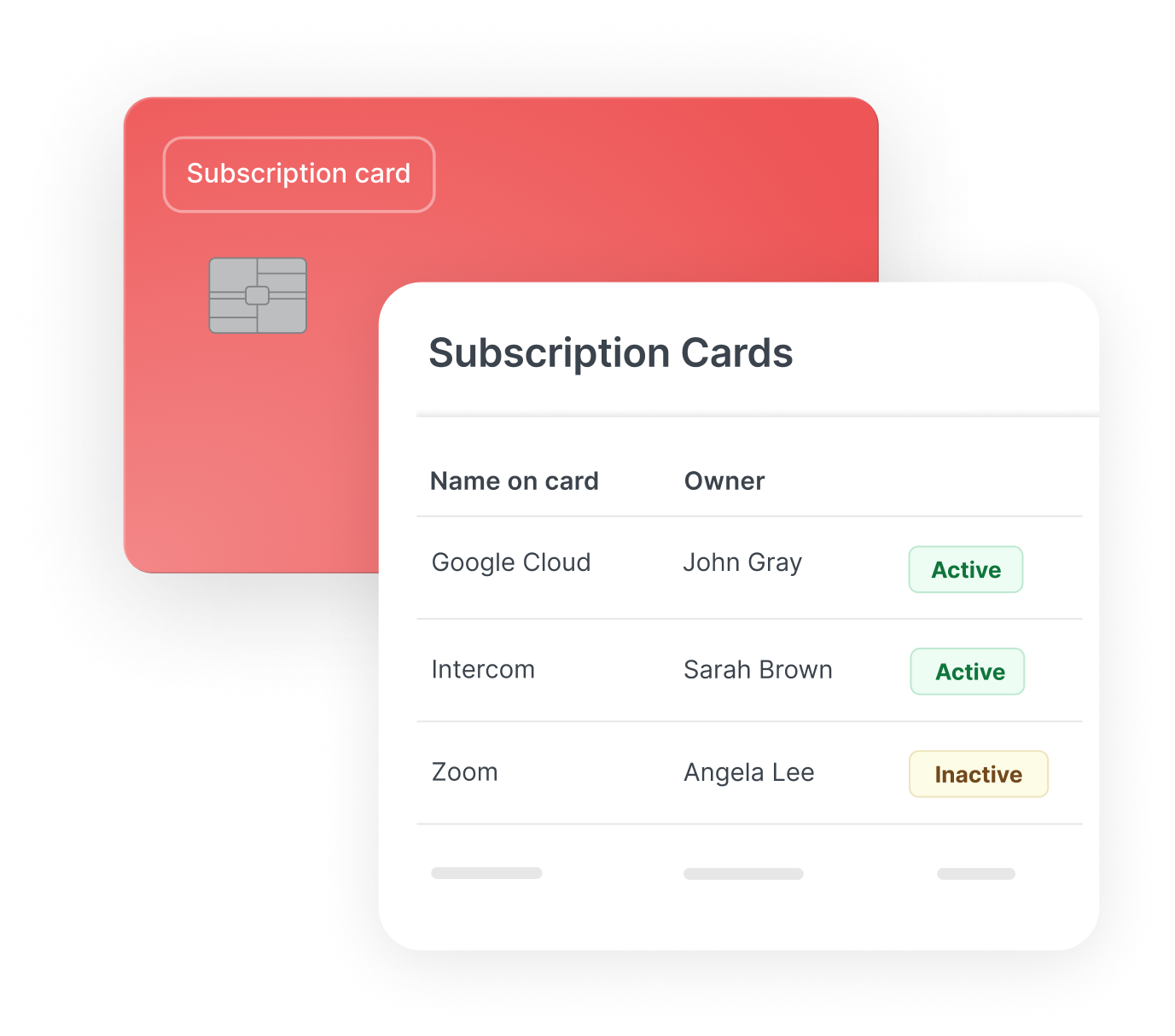 Two subscription cards: one red with a chip design, another listing Google Cloud, Intercom, and Zoom with various active statuses.
