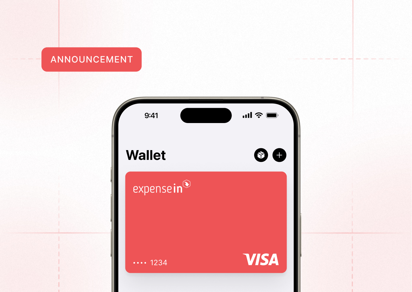 Smartphone Wallet screen showing a red ExpenseIn Visa card ending 1234 with a red "Announcement" label in the corner.