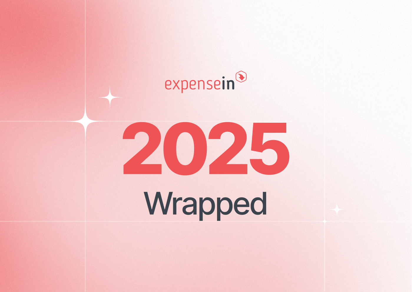 ExpenseIn logo above large red "2025" and "Wrapped" text on a soft pink gradient background with subtle star-like sparkles