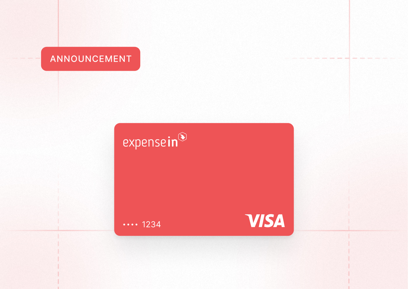 Red announcement card with "expensein" and VISA logo, featuring four dots and the number 1234.