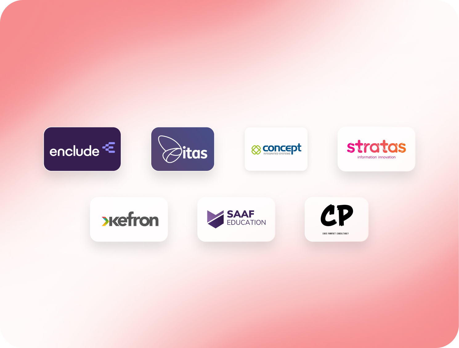 Logos of seven companies: enclude, itas, concept, stratas, kefron, SAAF EDUCATION, and CP, on a pink and white gradient background.