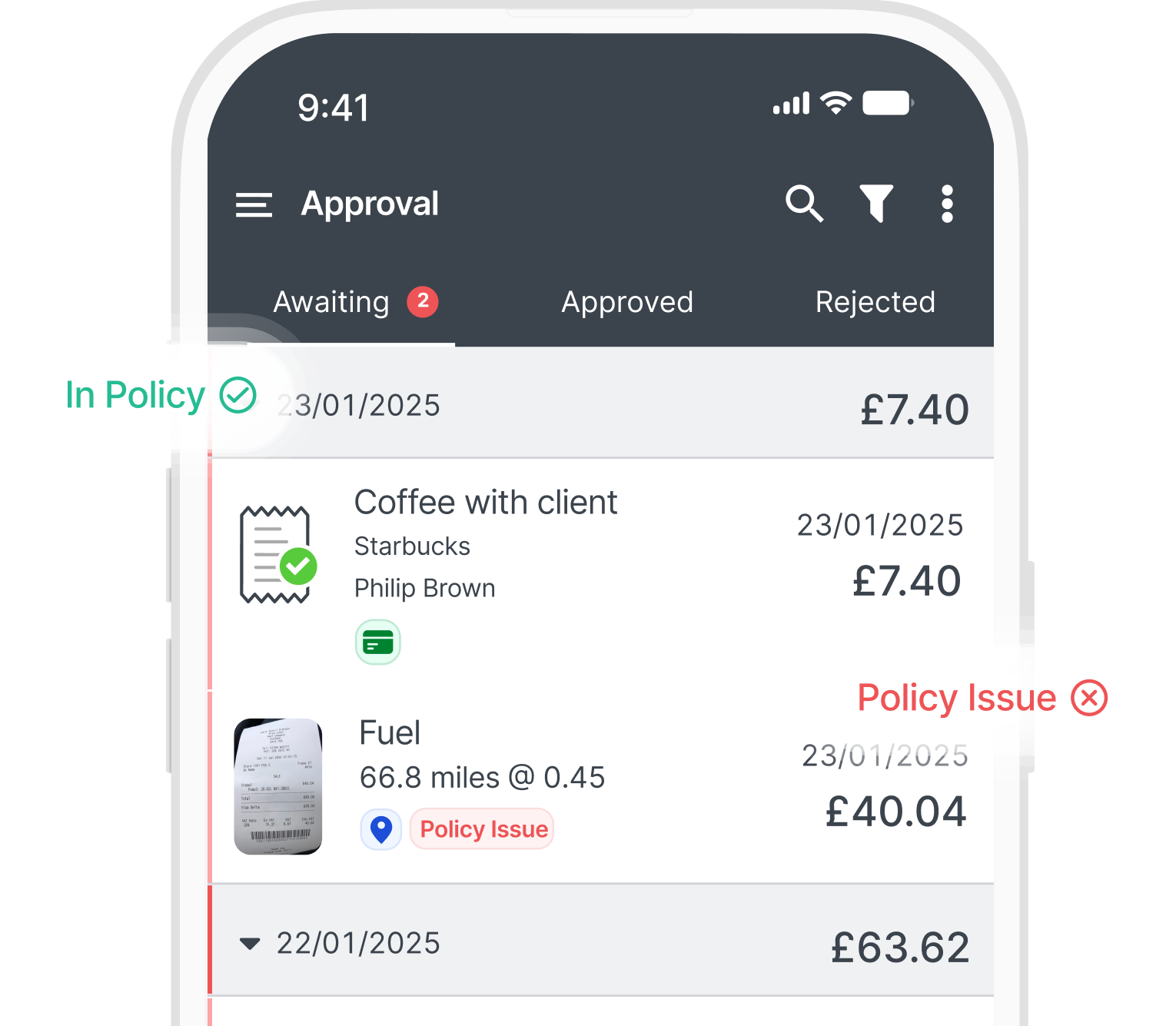 Mobile app screen showing expense approval with items for "Coffee with client" in policy and "Fuel" flagged as a policy issue.