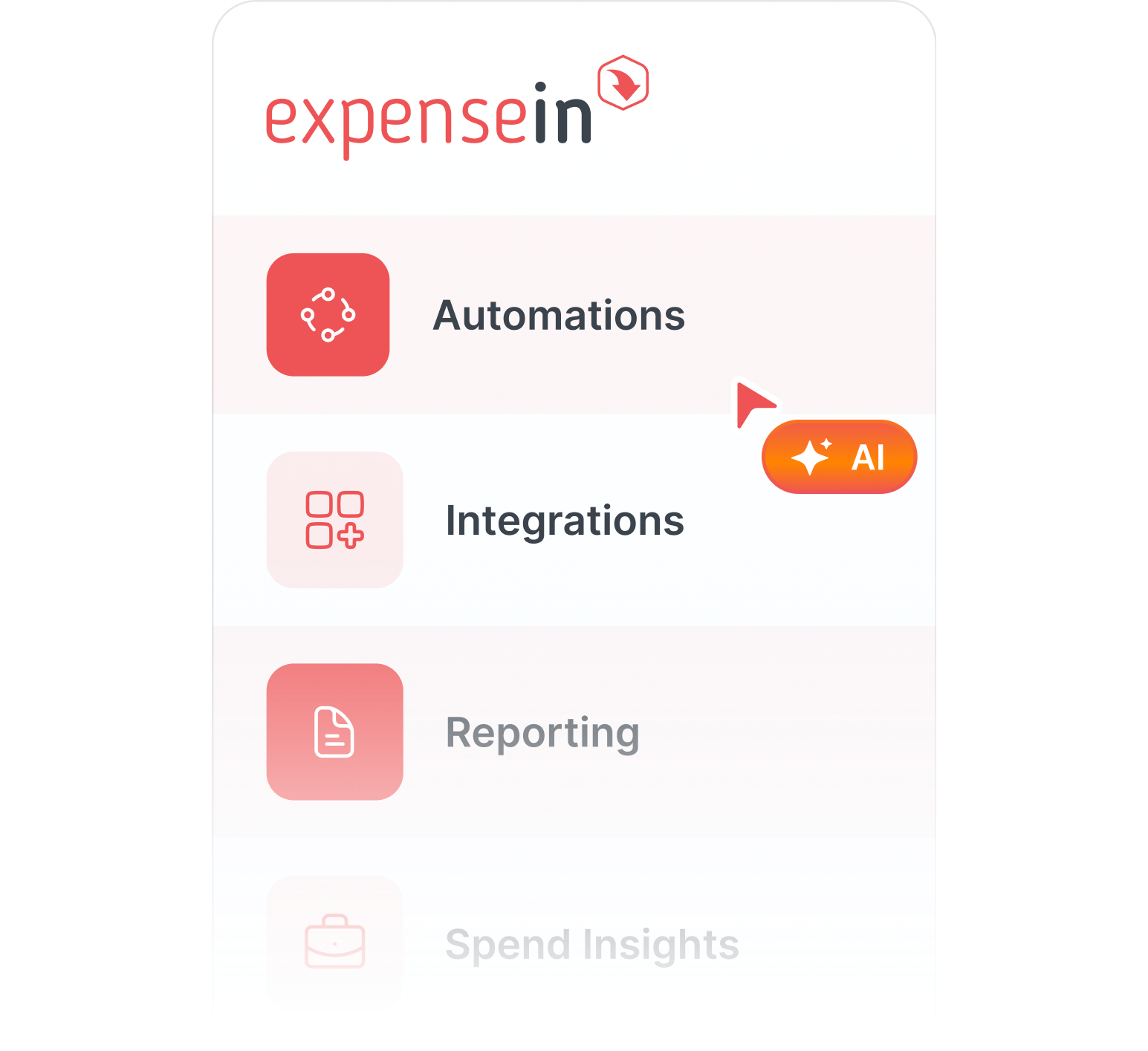 App interface showing options: Automations, Integrations, Reporting, and Spend Insights, with a focus on AI features.