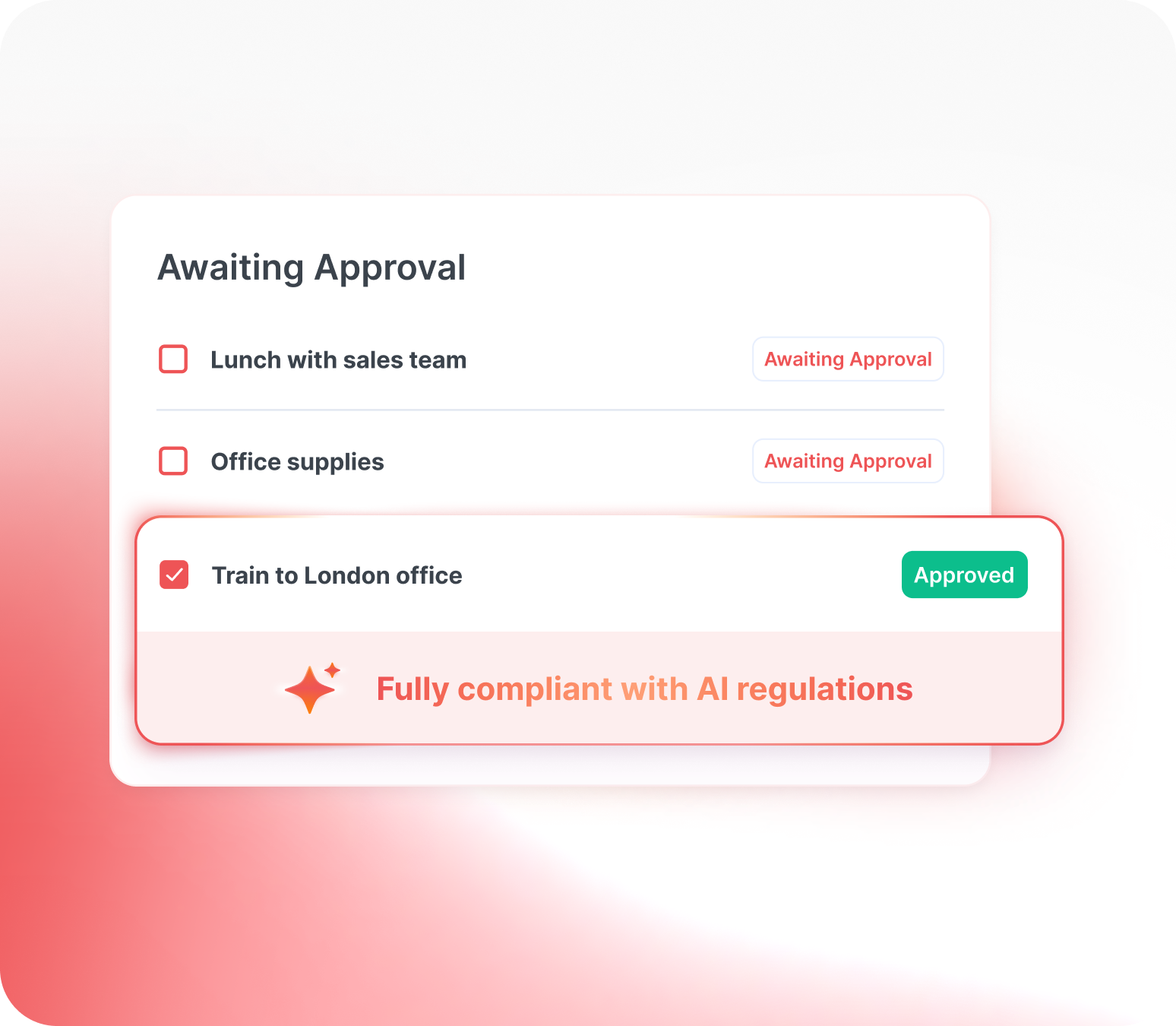 A task management interface showing items awaiting approval and a "Train to London office" trip marked as approved.