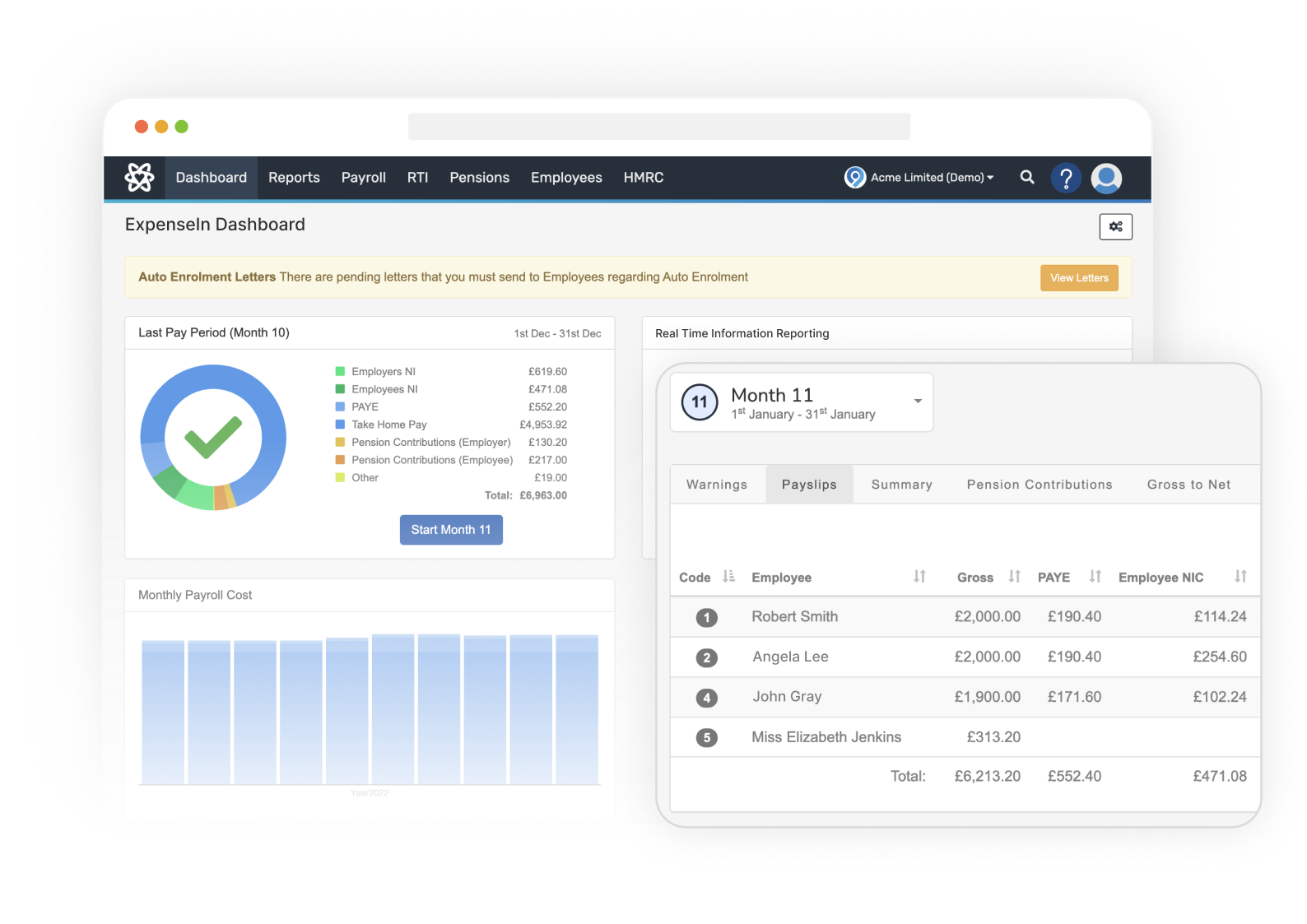 Dashboard showing payroll analytics with a pie chart and detailed employee payment data for November, including deductions and contributions.