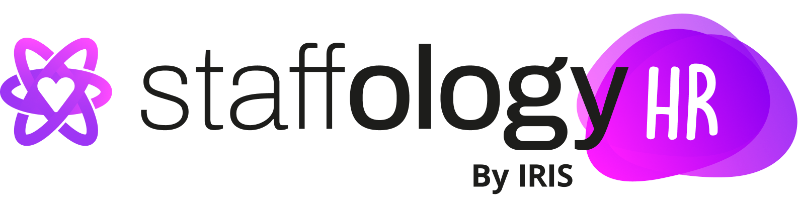 Logo of "staffology HR by IRIS" featuring a stylized atom symbol in purple and pink gradient with bold text.