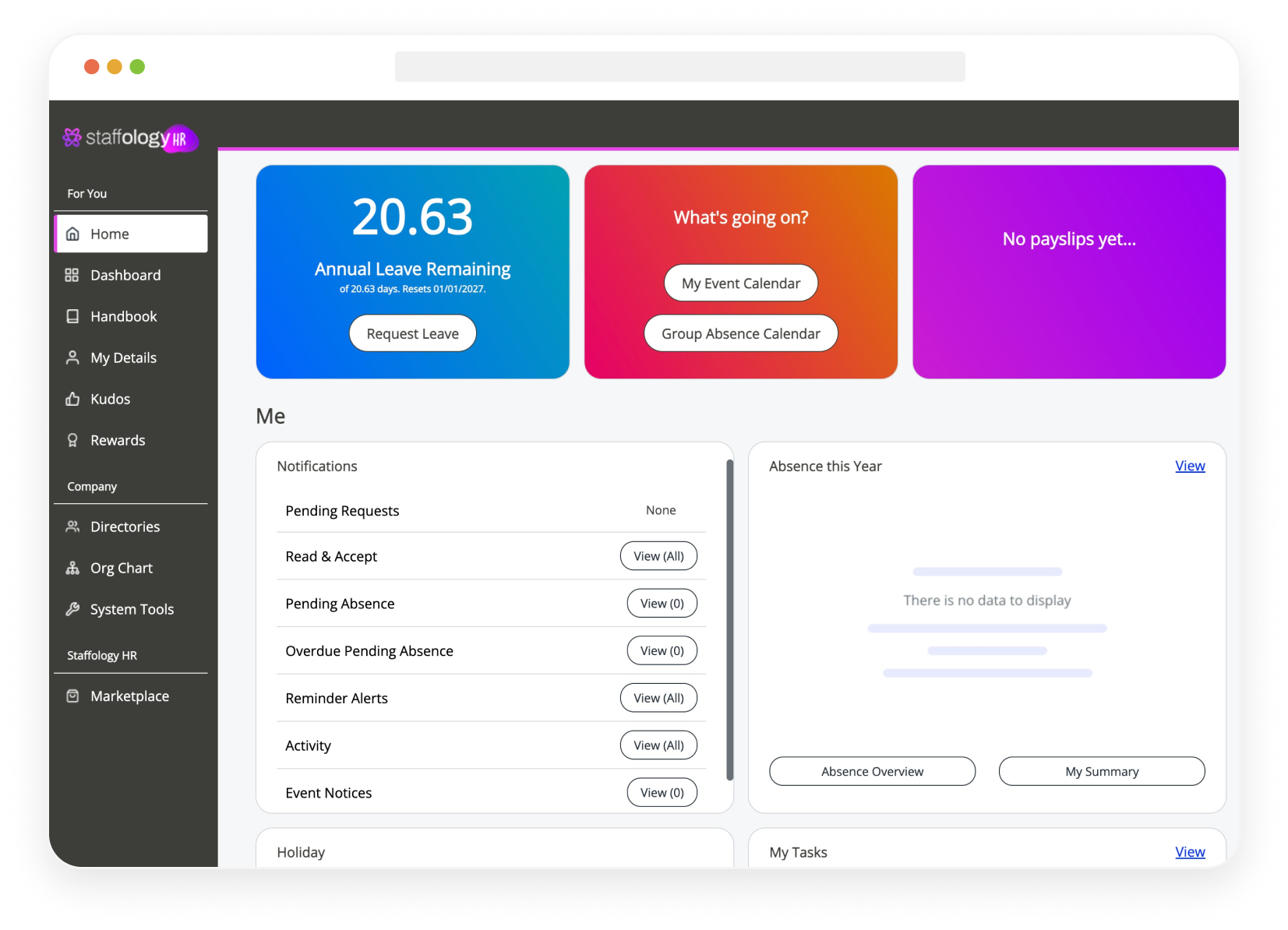 Screenshot of a dashboard showing annual leave, pending requests, no payslips, and absence details, with navigation menu on the left.