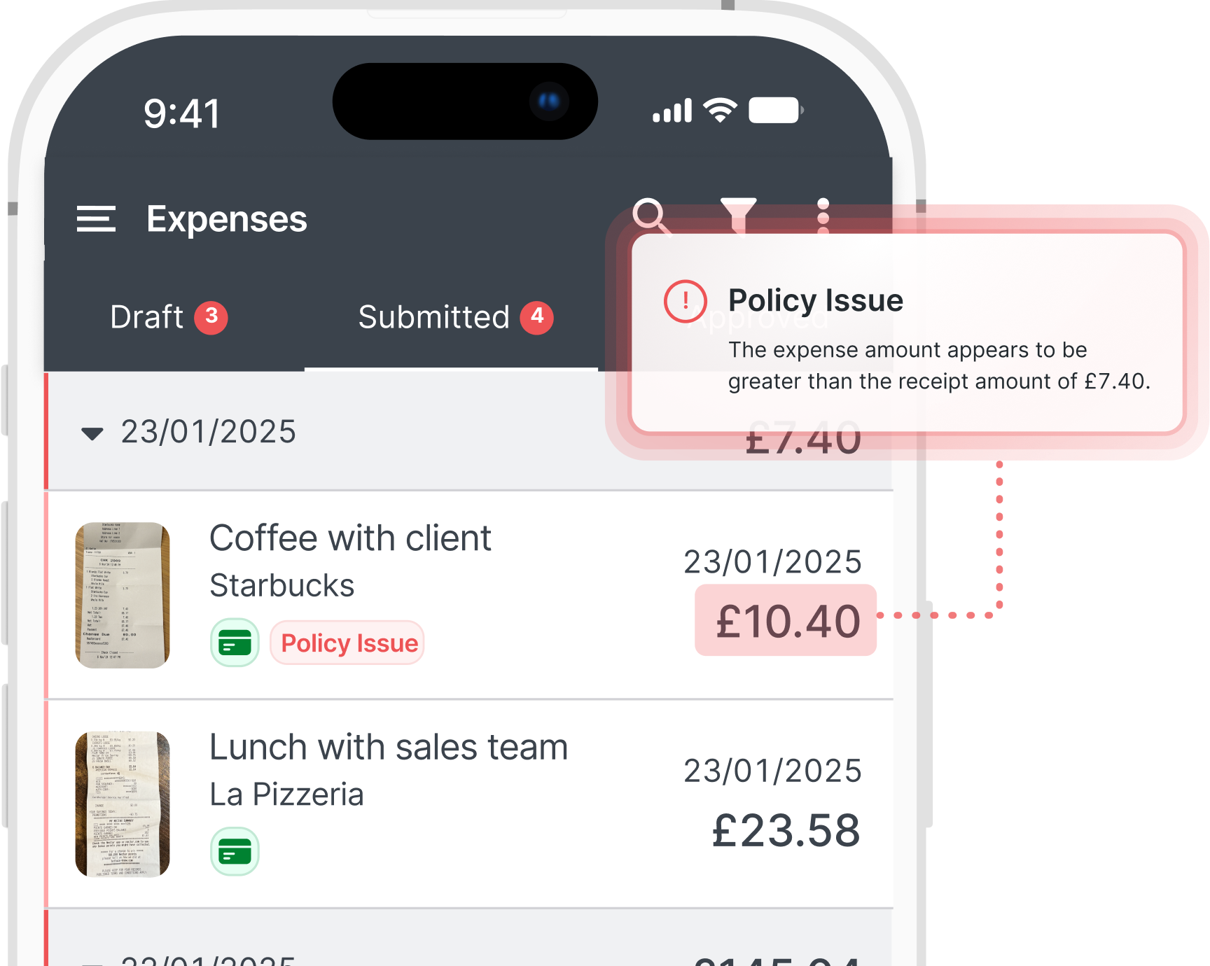 A smartphone screen showing an expenses app with a policy issue alert for a Starbucks expense, indicating the amount exceeds the receipt.