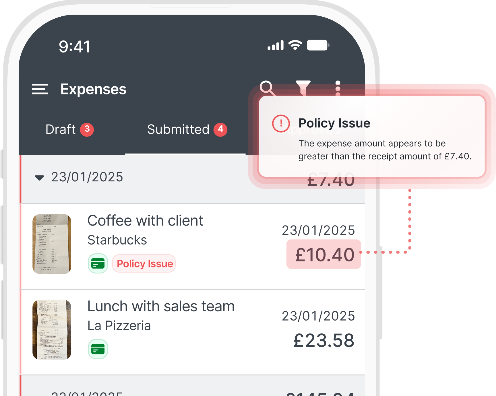 A mobile app screen shows expenses, highlighting a policy issue for a coffee expense with a discrepancy between the receipt and submitted amounts.