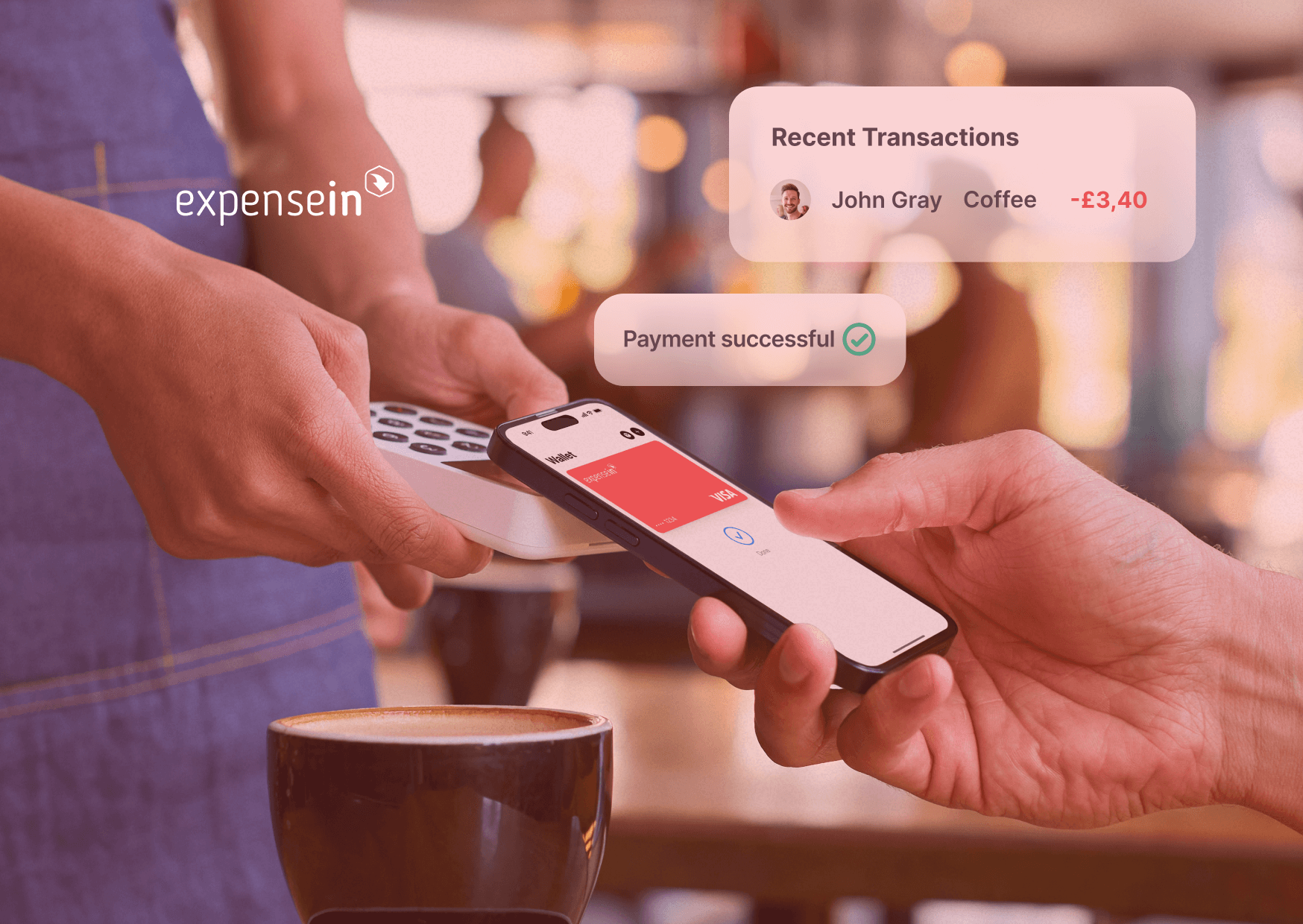 A person makes a mobile payment at a café. Screen shows "Payment successful." Recent transaction: Coffee, -£3.40. Espresso cup in the foreground.