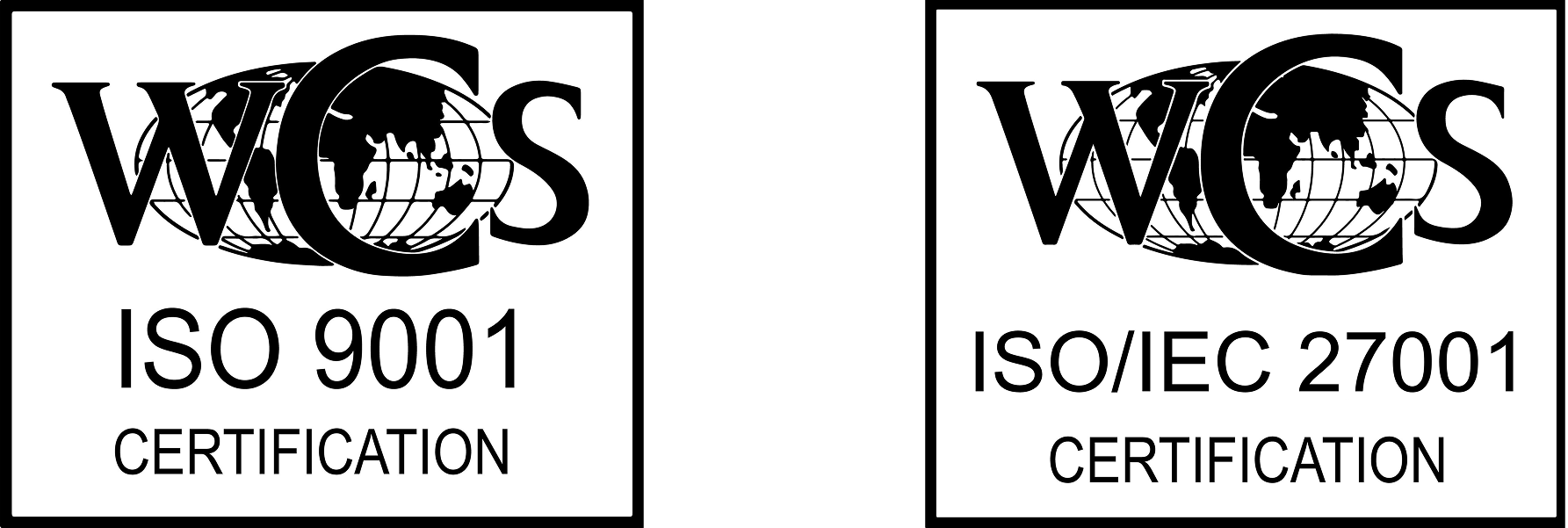 Two certification logos for WCS: ISO 9001 Certification and ISO/IEC 27001 Certification, each with a globe graphic.