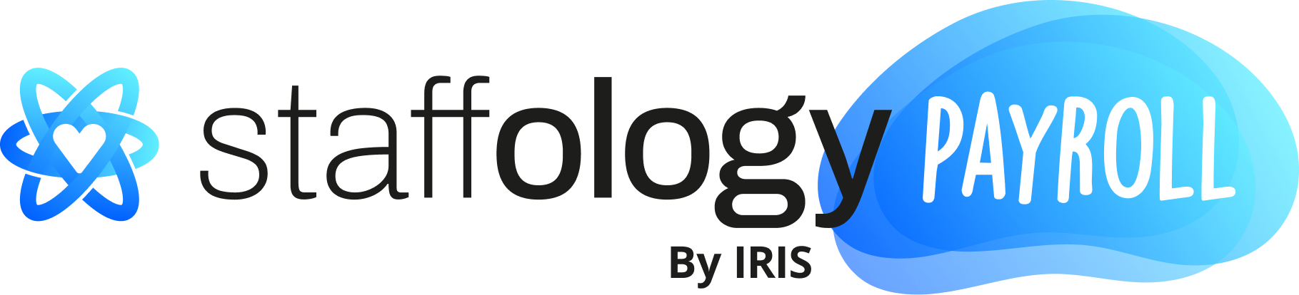 Logo of Staffology by IRIS, featuring a molecular symbol and "PAYROLL" in bold on a blue shape to the right.