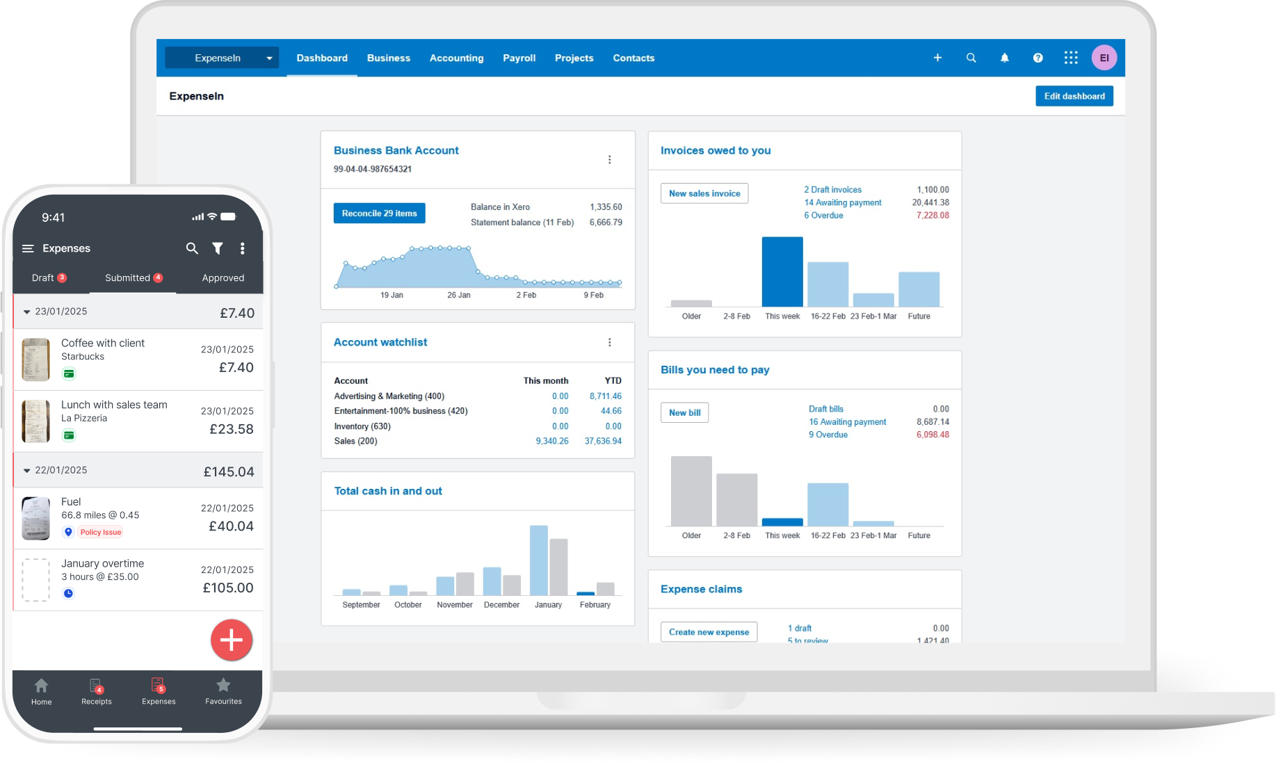 A laptop and smartphone showing a financial management app with graphs, expenses, and invoice details on the interface.