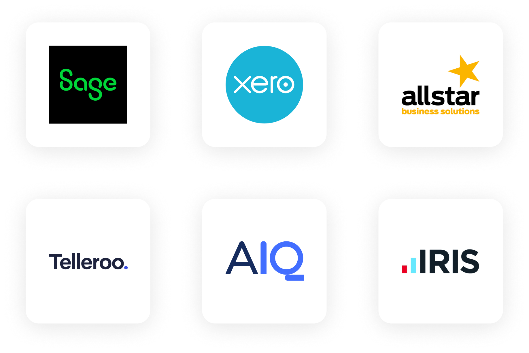 Grid of six company logos: Sage, Xero, Allstar Business Solutions, Telleroo, AIQ, and IRIS, each on a white background with a shadow border.