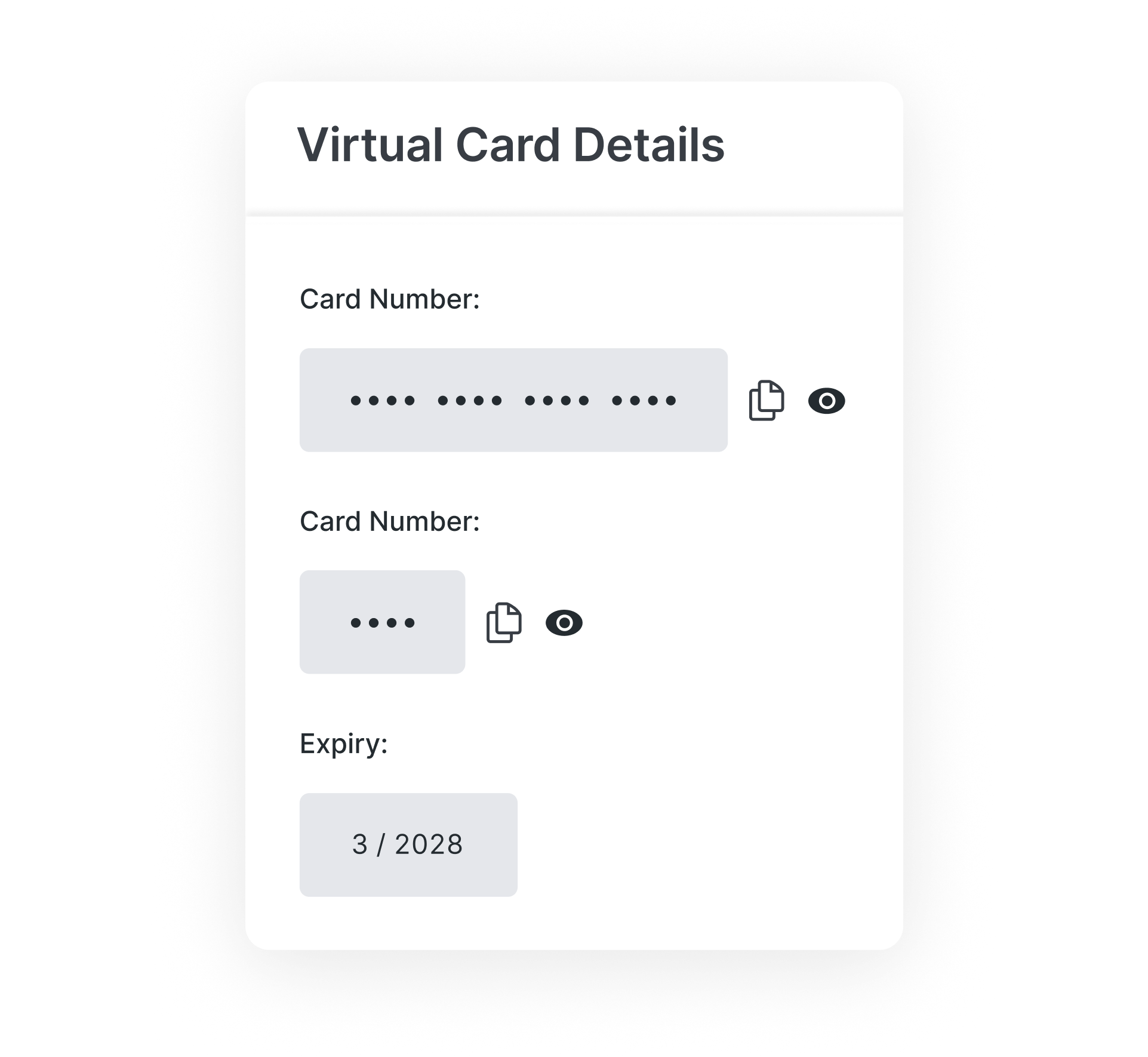 A digital interface showing partially hidden virtual card details with masked numbers and an expiry date of 3/2028.