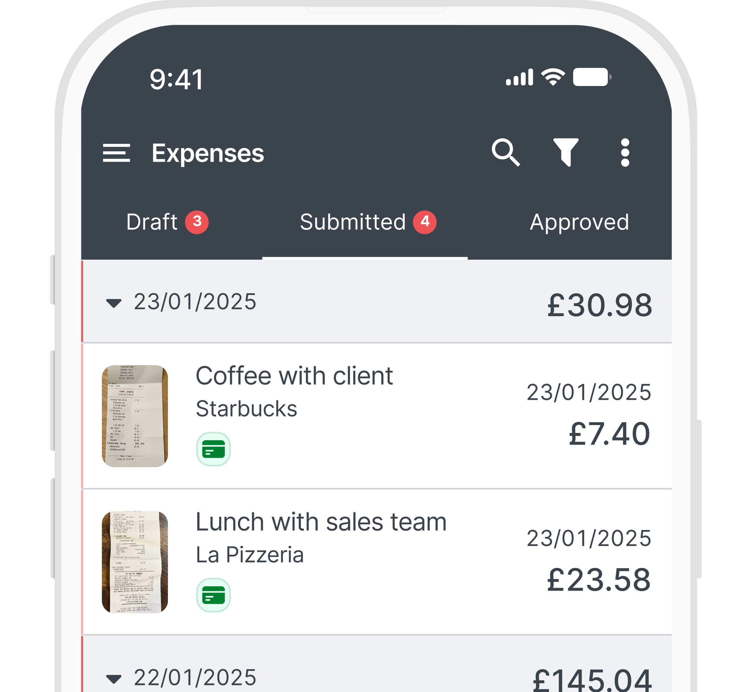 Phone screen showing an expenses app with entries for coffee and lunch, including dates and amounts totalling £30.98.