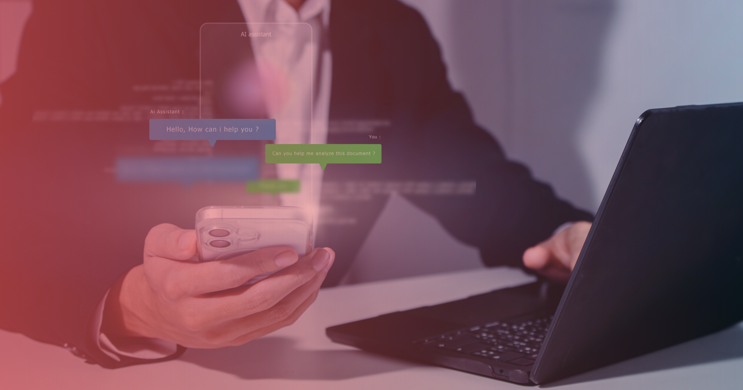 Person in a suit using a smartphone and laptop with AI chat overlay, displaying conversation about document analysis.