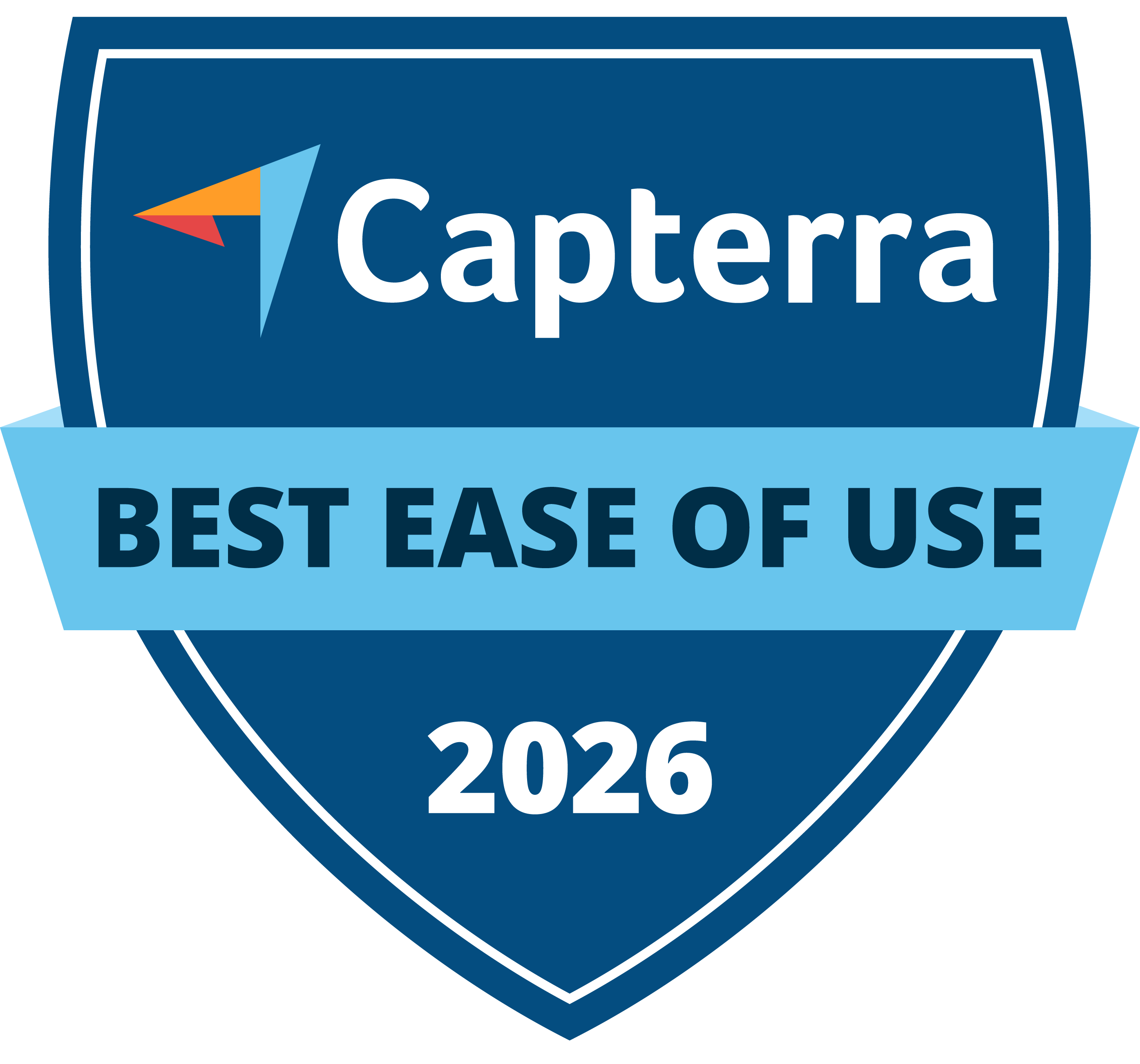 A blue award badge with "Capterra Best Ease of Use 2026" written on it.