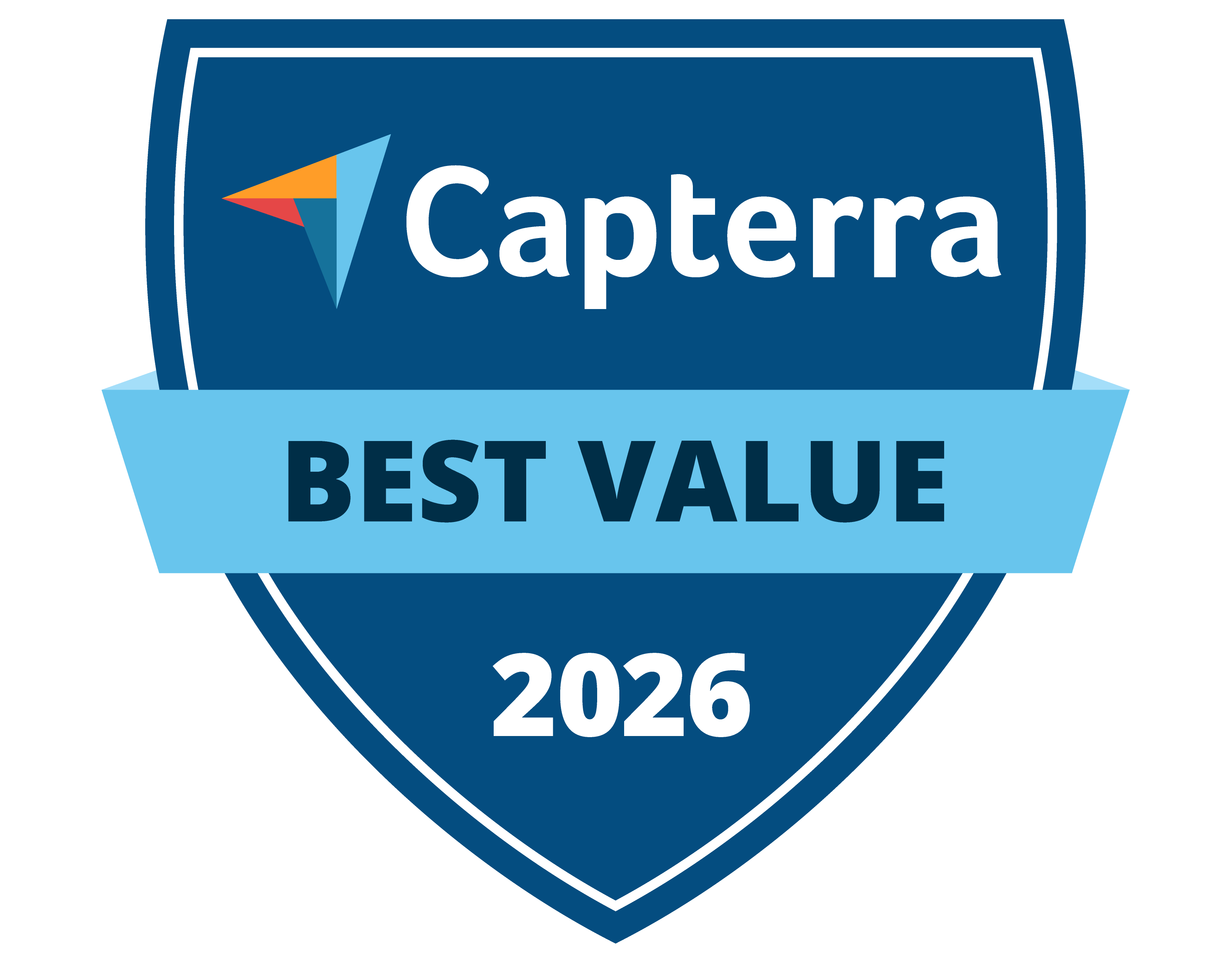 Blue shield with "Capterra" logo. Text: "Best Value 2026" on a light blue banner across the center.