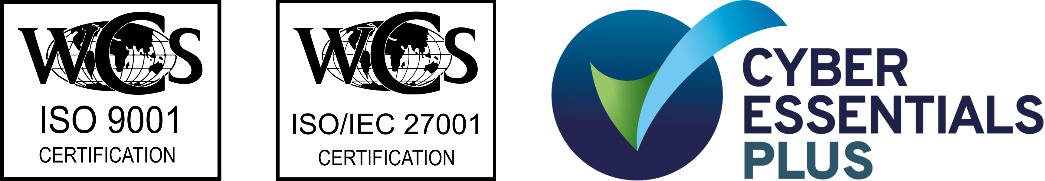 Logos for WCS ISO 9001 and ISO/IEC 27001 certifications, alongside the Cyber Essentials Plus badge