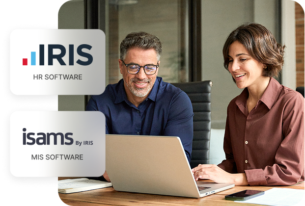 A man and woman smile while viewing a laptop screen. Logos for IRIS HR Software and isams MIS Software are displayed above.