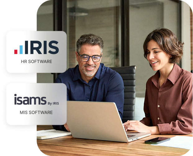A man and woman smiling at a laptop, with logos for IRIS HR Software and iSAMS by IRIS MIS Software displayed.