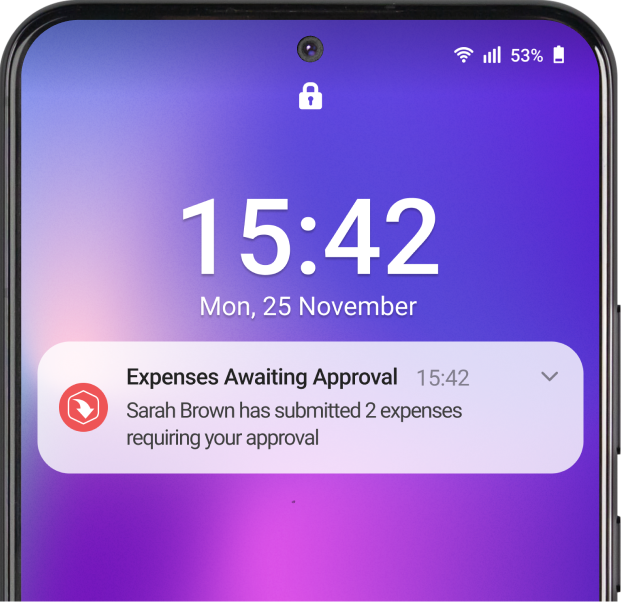 Phone screen showing a notification for expense approval. Time is 15:42 on Monday, 25 November. Notification mentions two expenses.