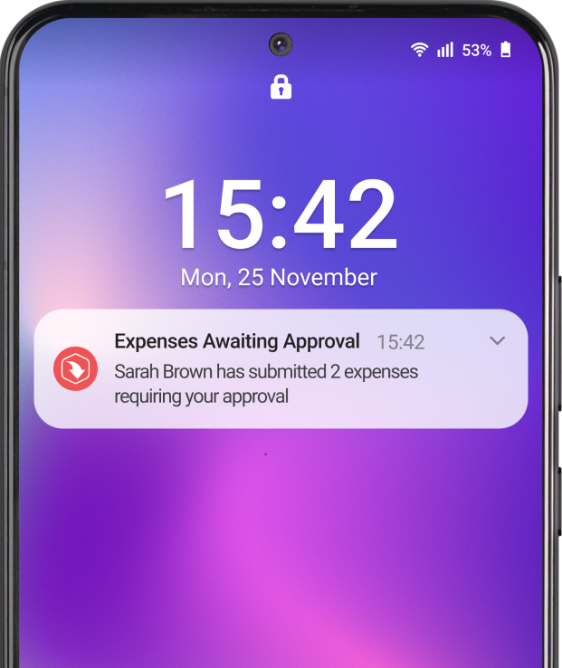 Smartphone screen showing a notification for expenses approval from Sarah Brown; date reads Monday, 25 November, at 15:42.