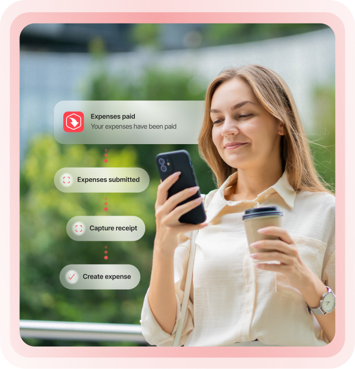 Woman holding a phone and coffee, smiling at a notification about expenses being paid, with a checklist of expense-related tasks beside her.