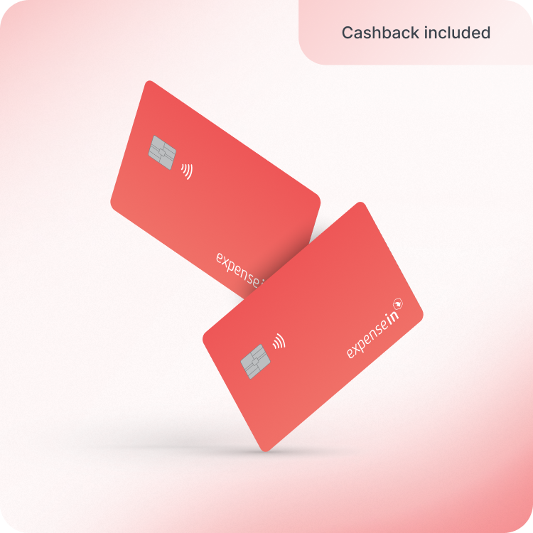 Two red contactless expense cards with "ExpenseIn" logo on a gradient background. Text on top right corner reads "Cashback included."