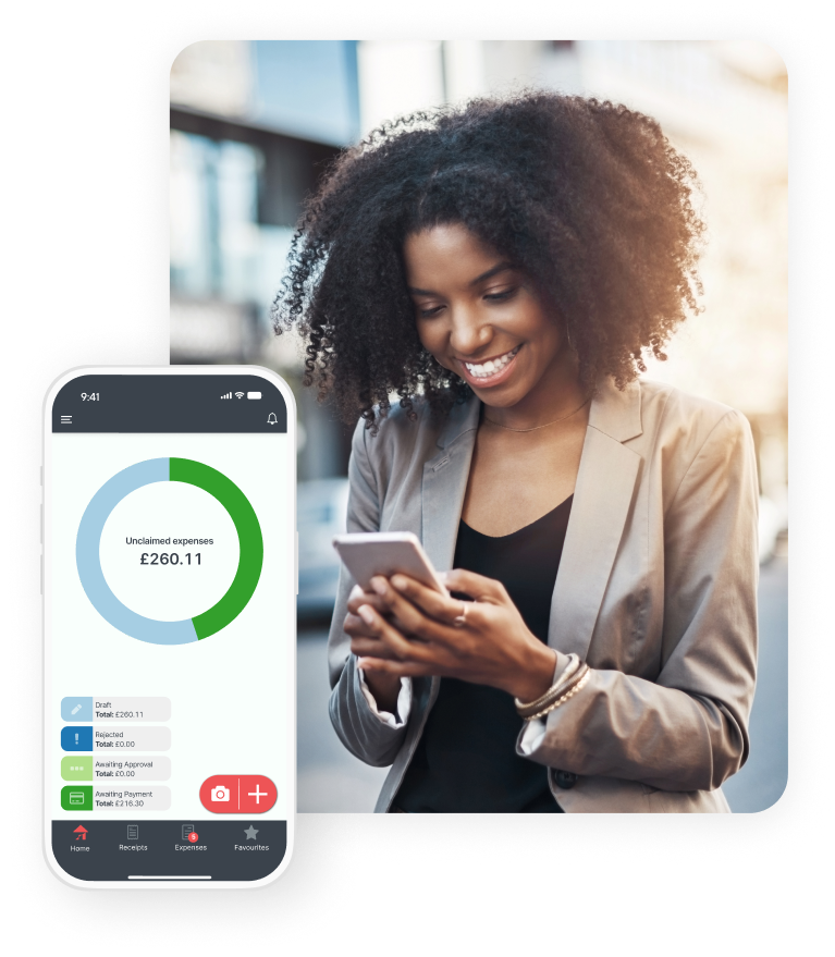 A woman smiling at her phone while a mobile app screen shows unclaimed expenses of £260.11 with a chart and options displayed.