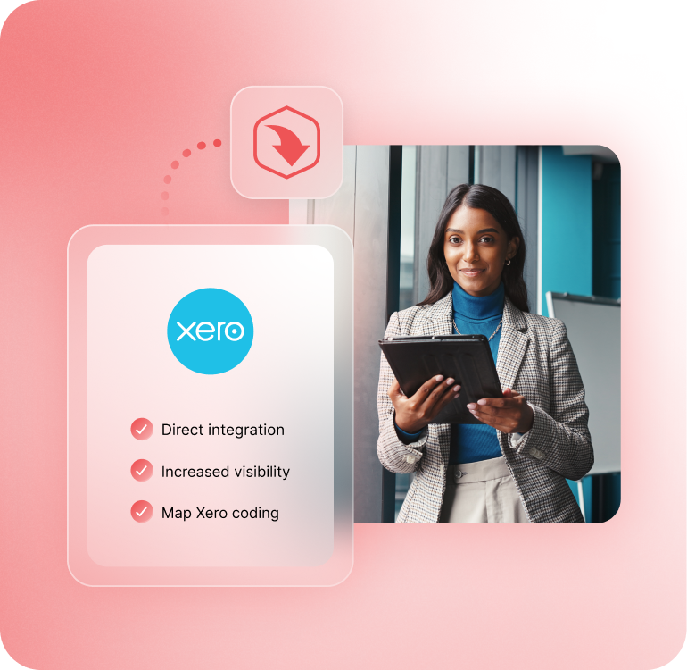 A person holding a tablet stands by a window, next to a pink box with the Xero logo and features like direct integration and increased visibility listed.