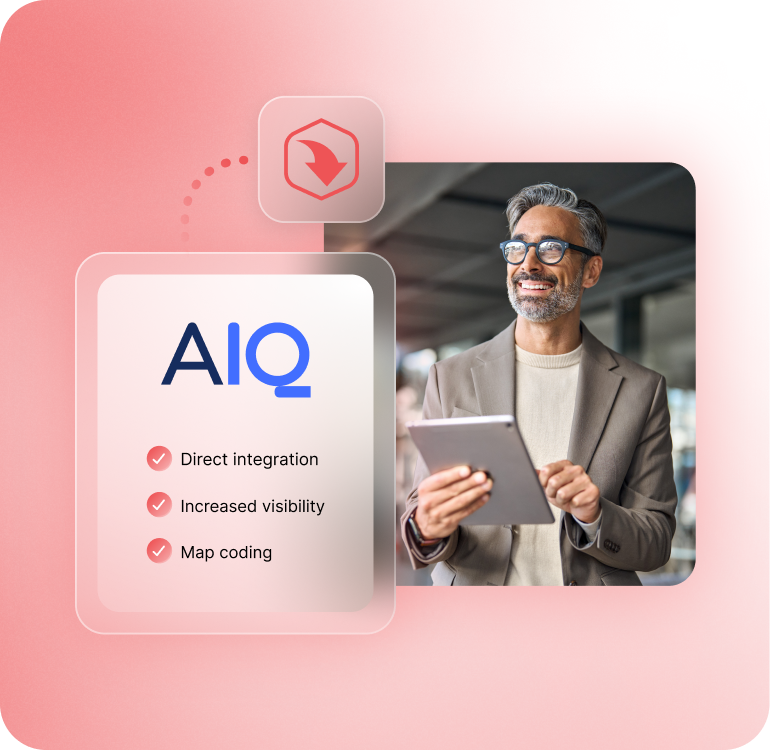 A smiling man holding a tablet, beside a graphic listing "Direct integration, Increased visibility, Map coding" under "AIQ."