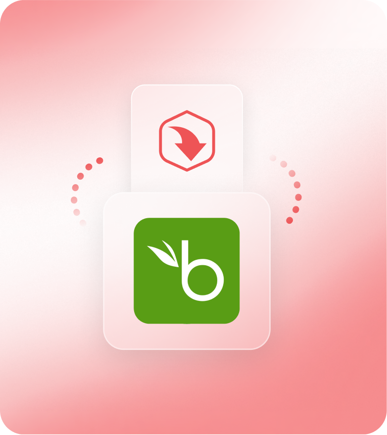 Two connecting icons on a pink background: top icon with red arrow in a hexagon, bottom icon with a green "b" and leaves.