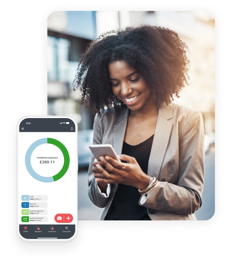 A woman smiling at her smartphone, alongside an image of a phone app displaying unclaimed expenses of £260.11.