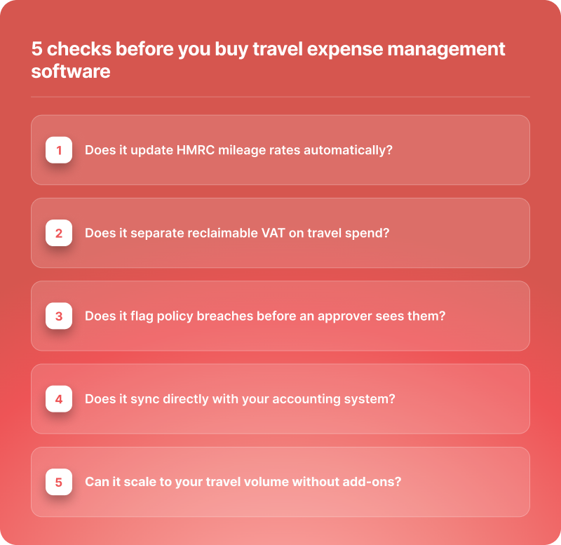 Five checklist items for buying travel expense management software, including automatic updates, VAT separation, and accounting system sync.