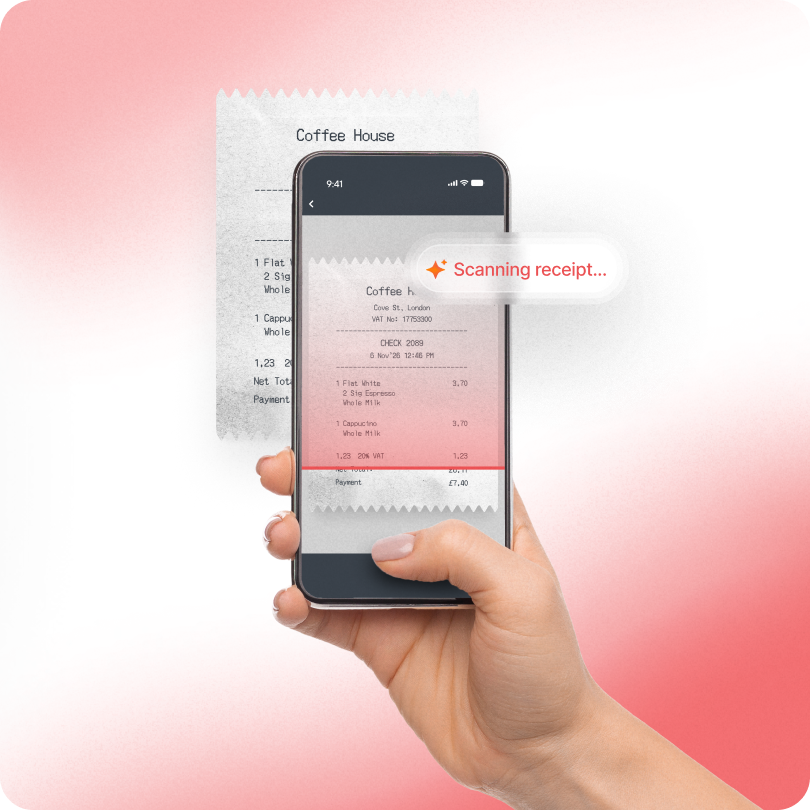 A hand holds a smartphone displaying a receipt-scanning app. The screen shows a coffee house receipt, and a message reads "Scanning receipt..."