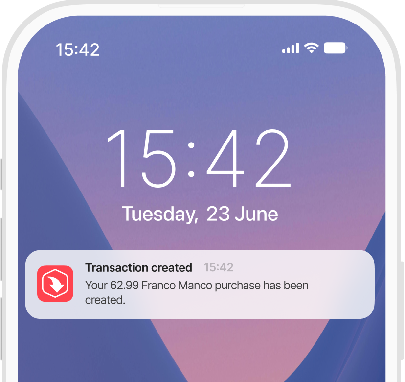 A smartphone screen displaying the time 15:42, date Tuesday, 23 June, and a notification of a completed purchase of 62.99 from Franco Manco.