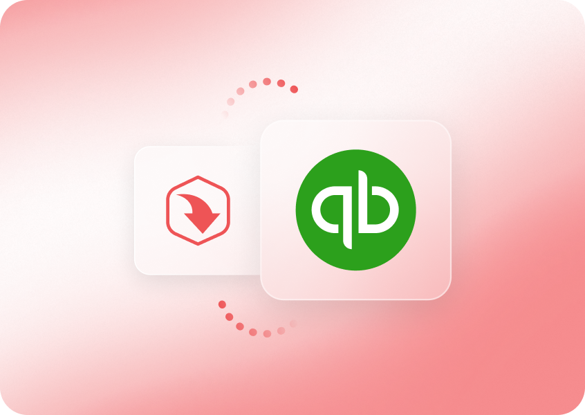 ExpenseIn and Quickbooks logos on a red gradient background with a dashed circular arrow between them, suggesting integration or connection.