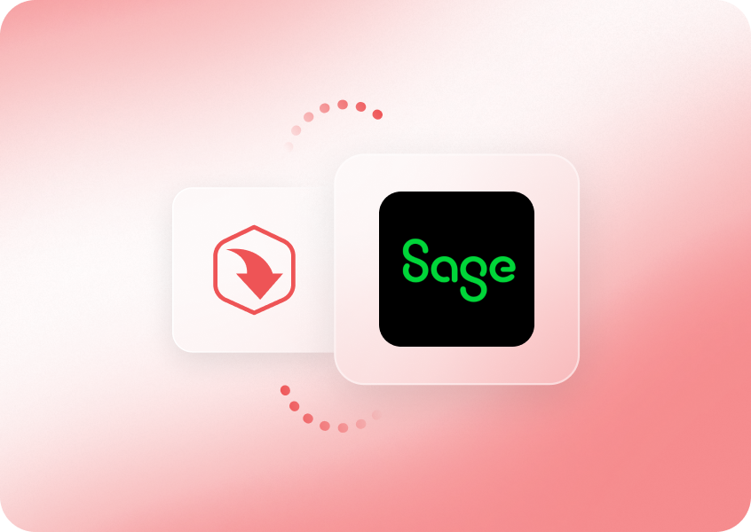 Two overlapping icons on a gradient pink background: left icon is the red hexagon ExpenseIn Logo with a down arrow; right icon is black with "Sage" in green.