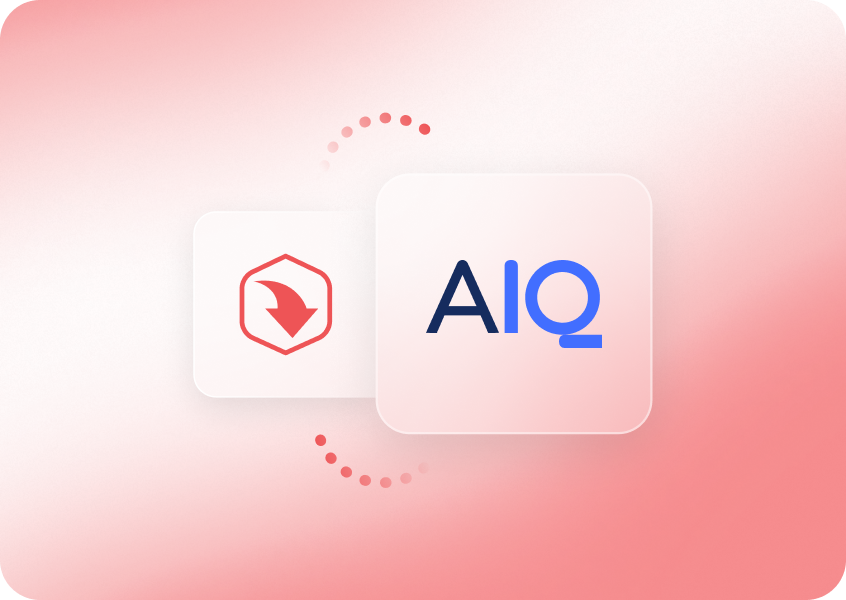 Two connected icons with a red gradient background; one features a shield, the other displays "AIQ" in blue letters.