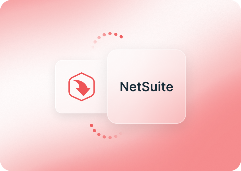 ExpenseIn logo next to a "NetSuite" label on a pink gradient background. Dotted circle design connects the elements.