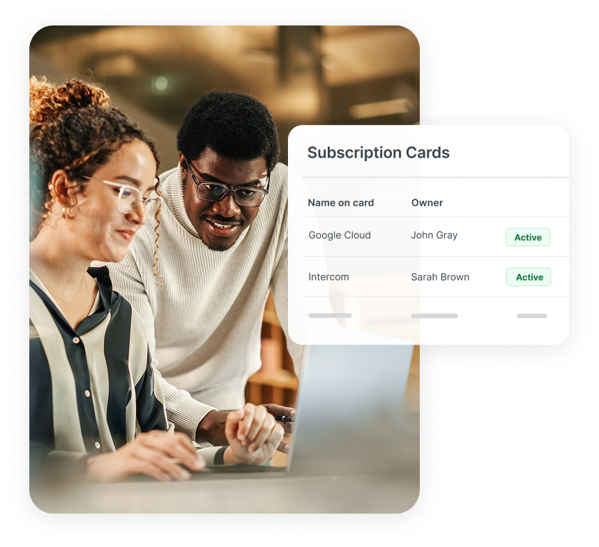 Two people looking at a laptop, with an overlay displaying a list titled "Subscription Cards" showing Google Cloud and Intercom, both marked active.