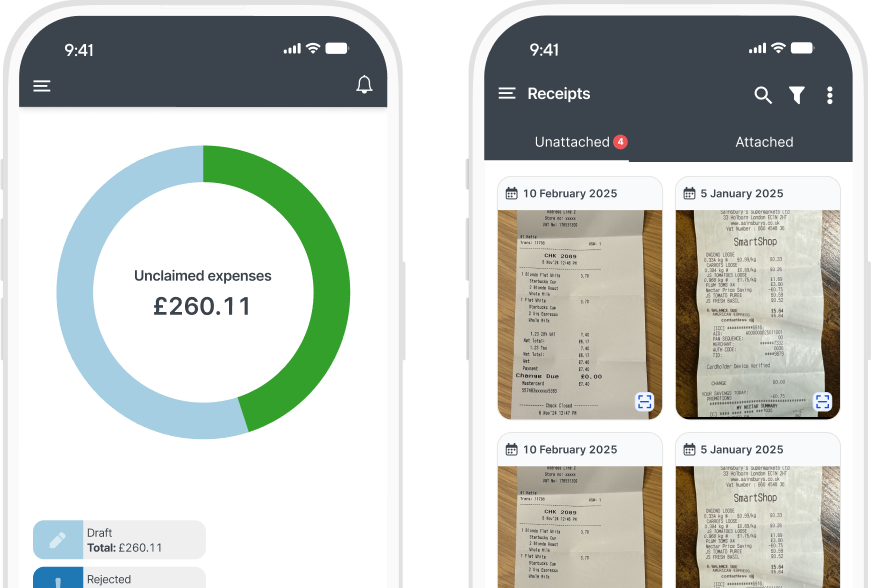 Two smartphone screens showing expense tracking app: left screen with a pie chart of unclaimed expenses totaling £260.11, right screen with multiple receipt images.