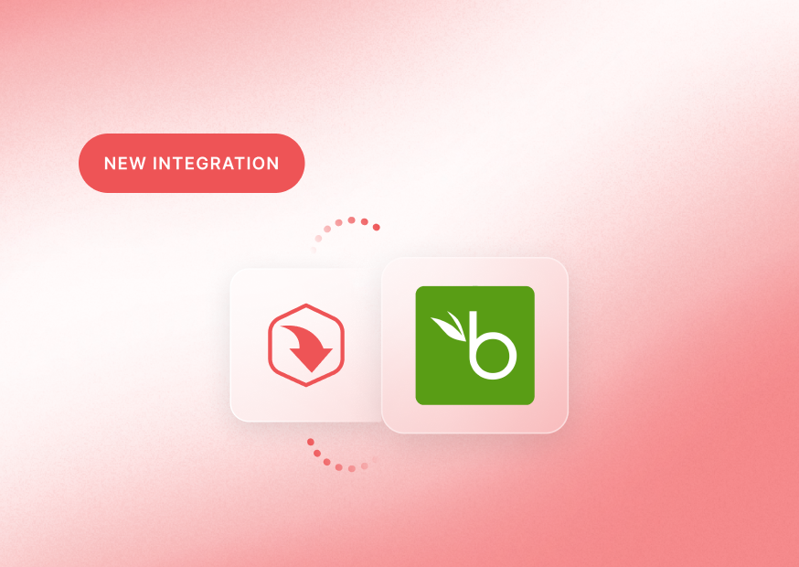 New integration announcement showing two app icons on a red gradient background with dotted line connection.